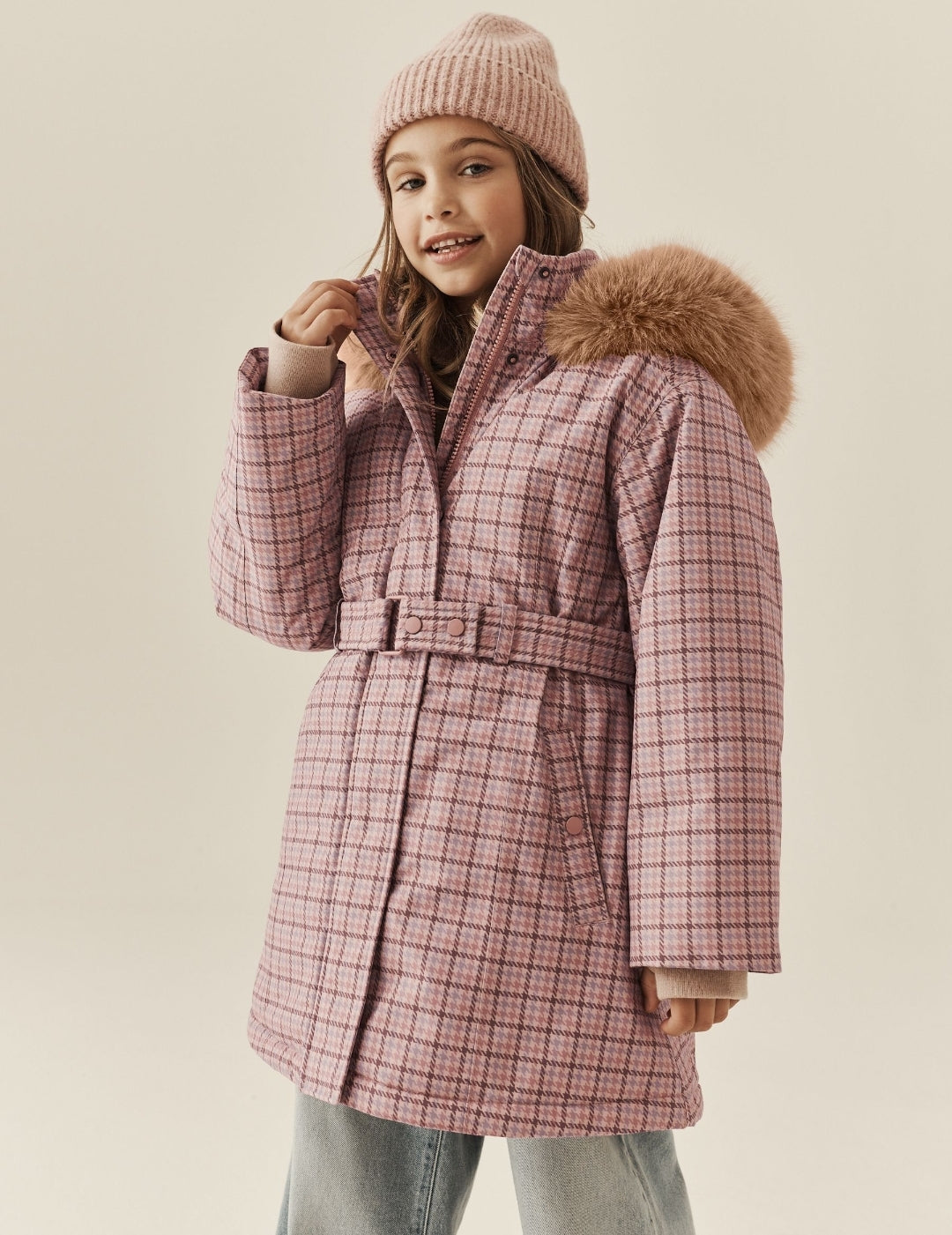 Pink Check Waterproof Belted Padded Coat