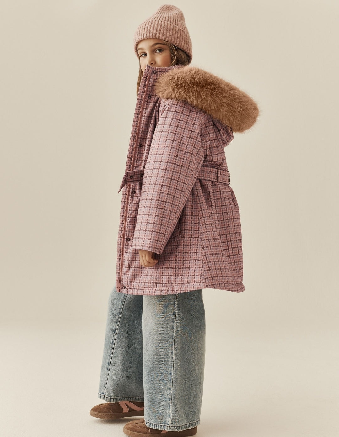 Pink Check Waterproof Belted Padded Coat