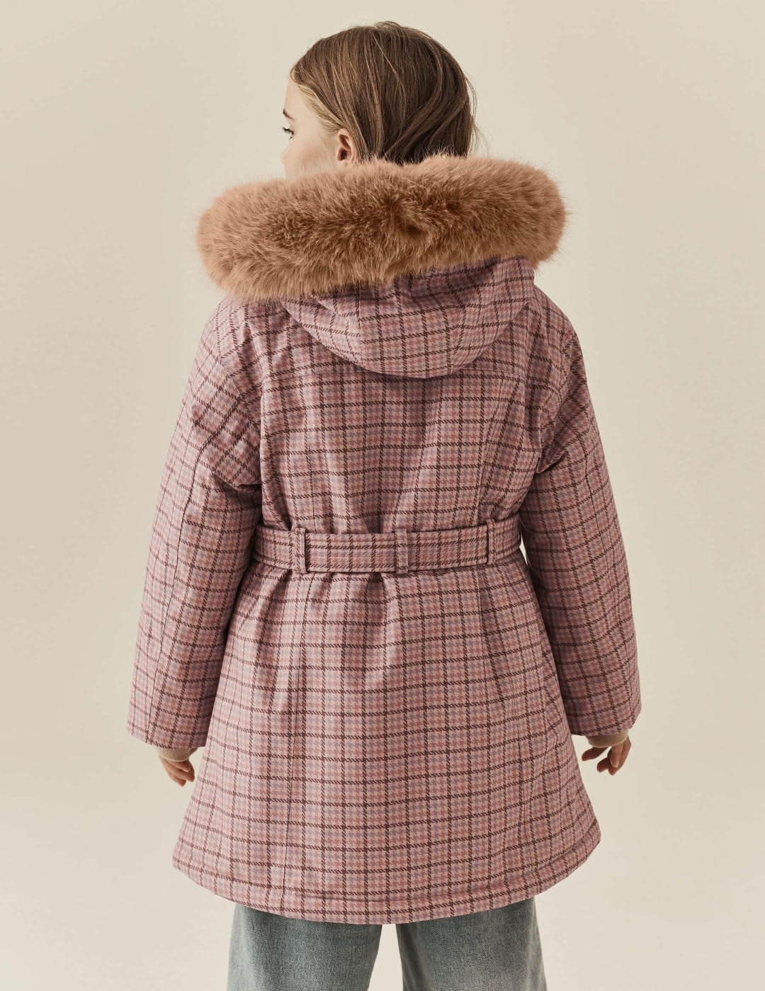 Pink Check Waterproof Belted Padded Coat