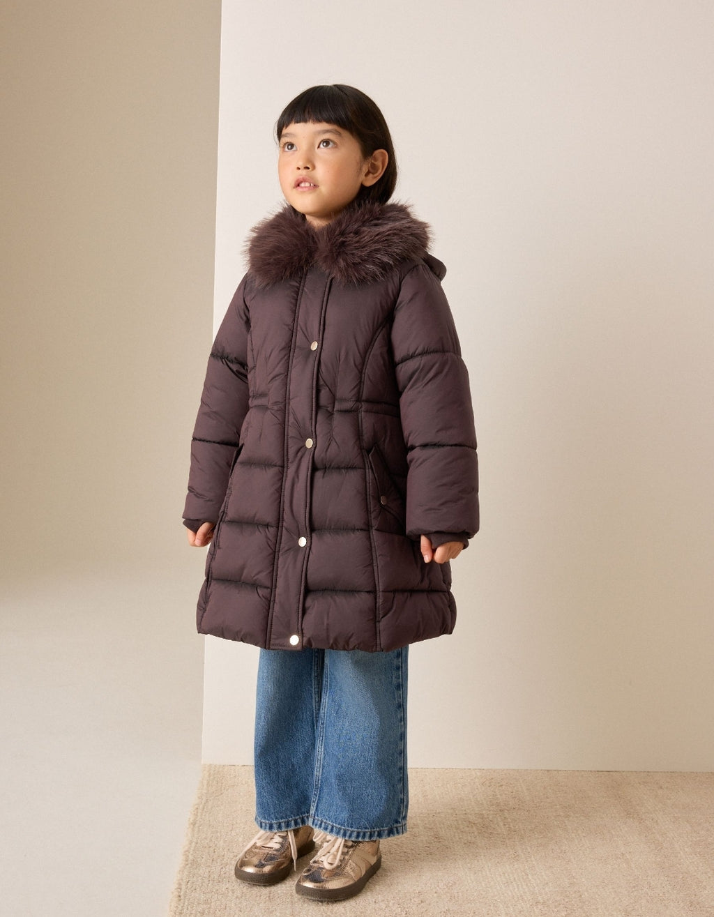 Chocolate Brown Faux Fur Collar Padded Shower Resistant Coat