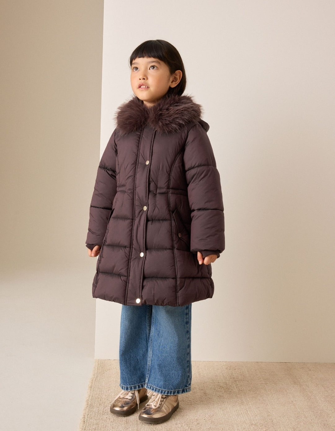 Chocolate Brown Faux Fur Collar Padded Shower Resistant Coat