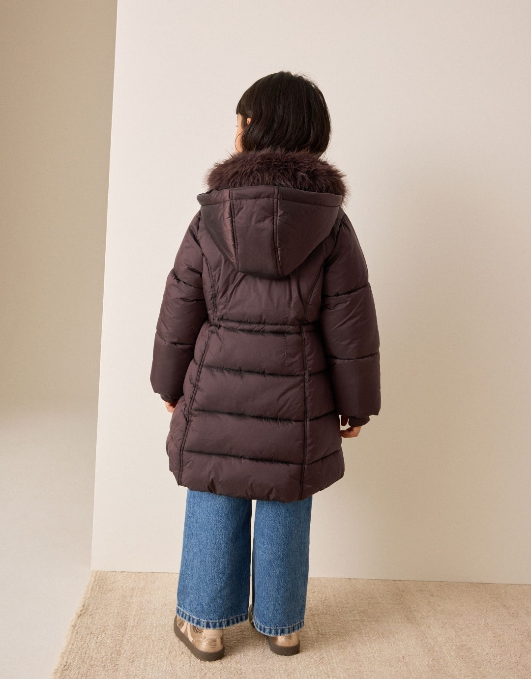 Chocolate Brown Faux Fur Collar Padded Shower Resistant Coat