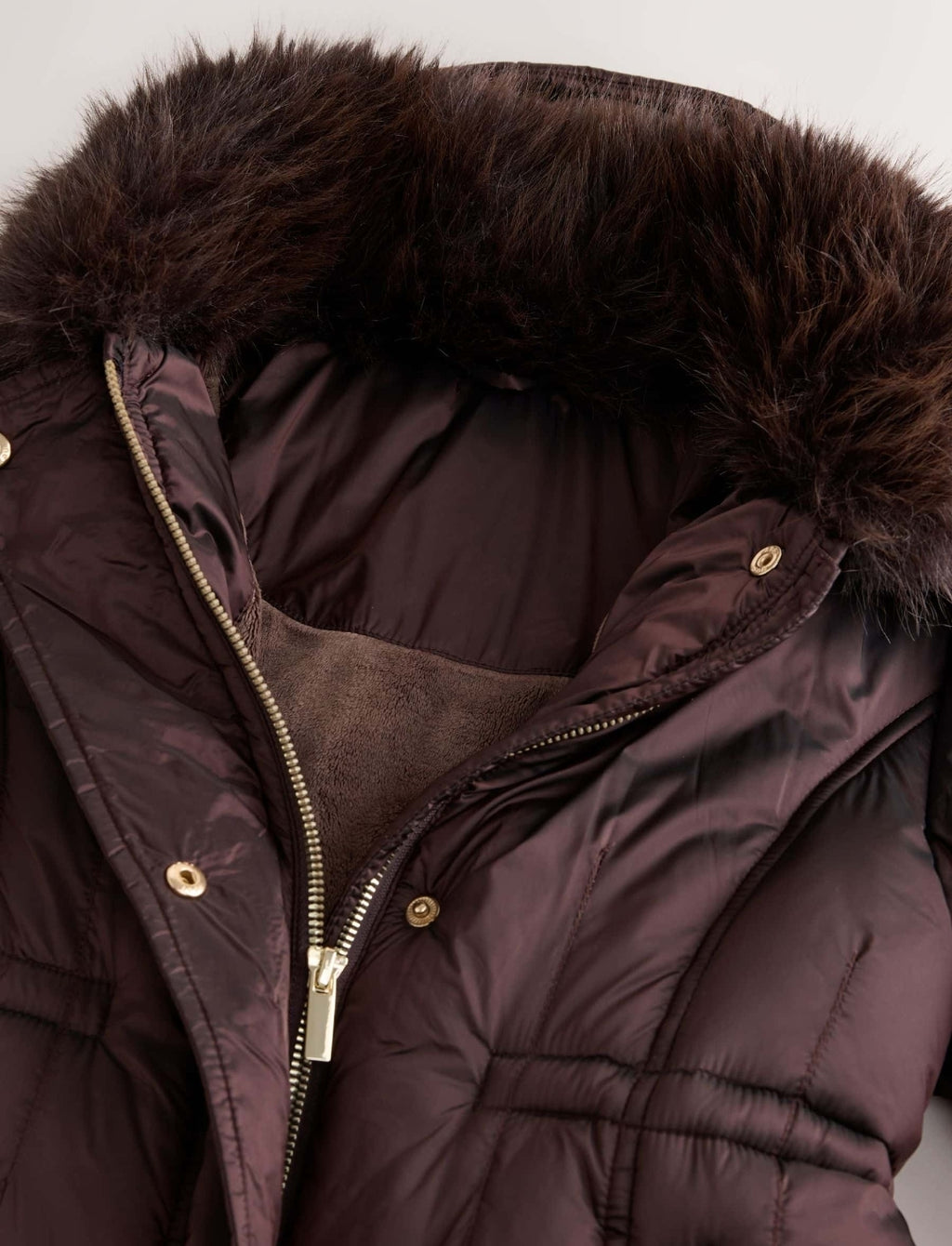 Chocolate Brown Faux Fur Collar Padded Shower Resistant Coat