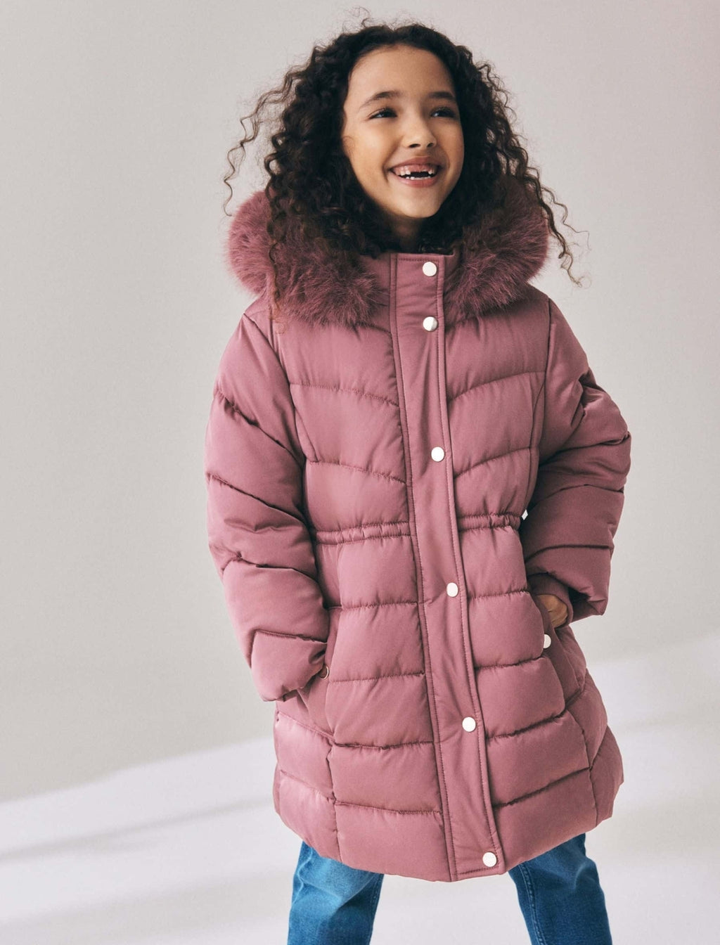 Pink Shower Resistant Faux Fur Trim Padded Coat
