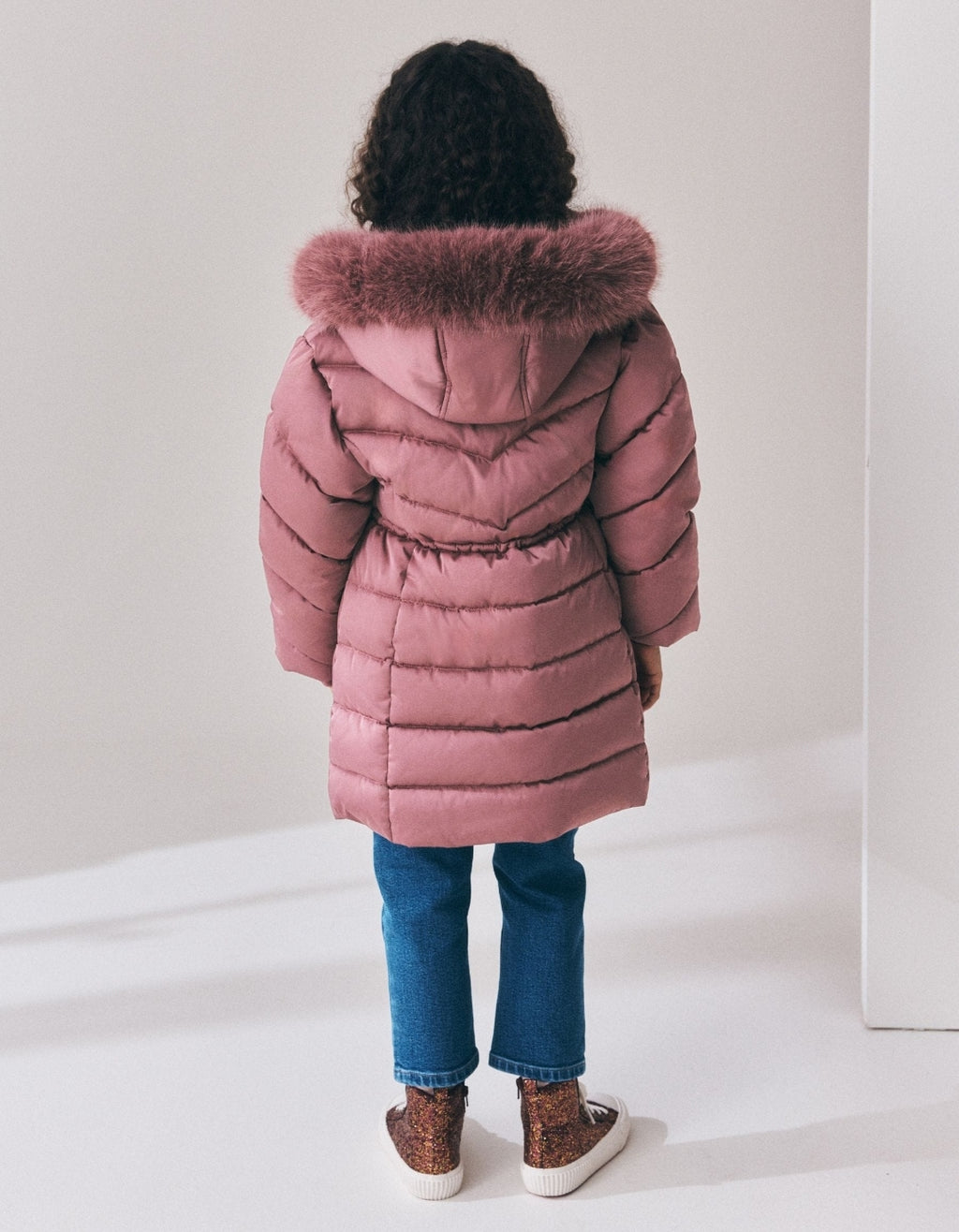 Pink Shower Resistant Faux Fur Trim Padded Coat