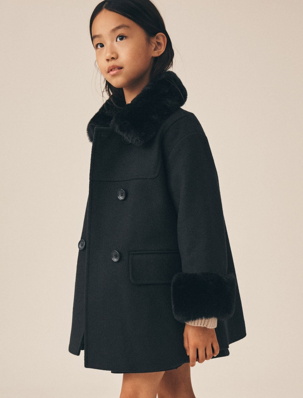 Black Faux Fur Trim Coat With Wool