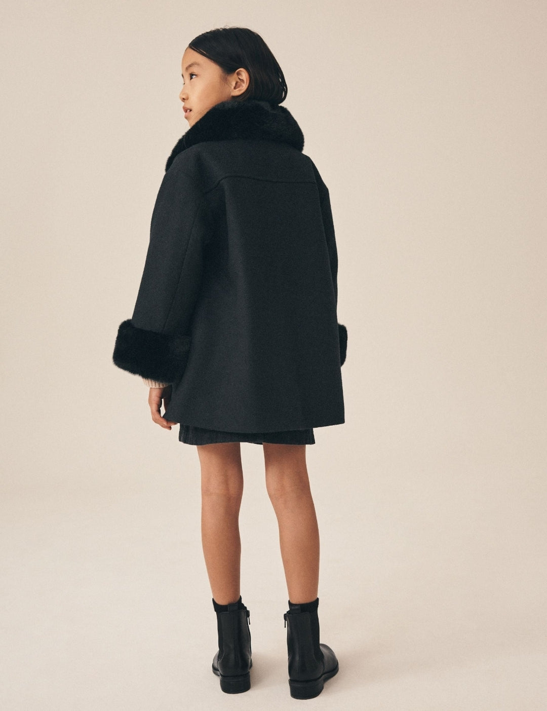Black Faux Fur Trim Coat With Wool
