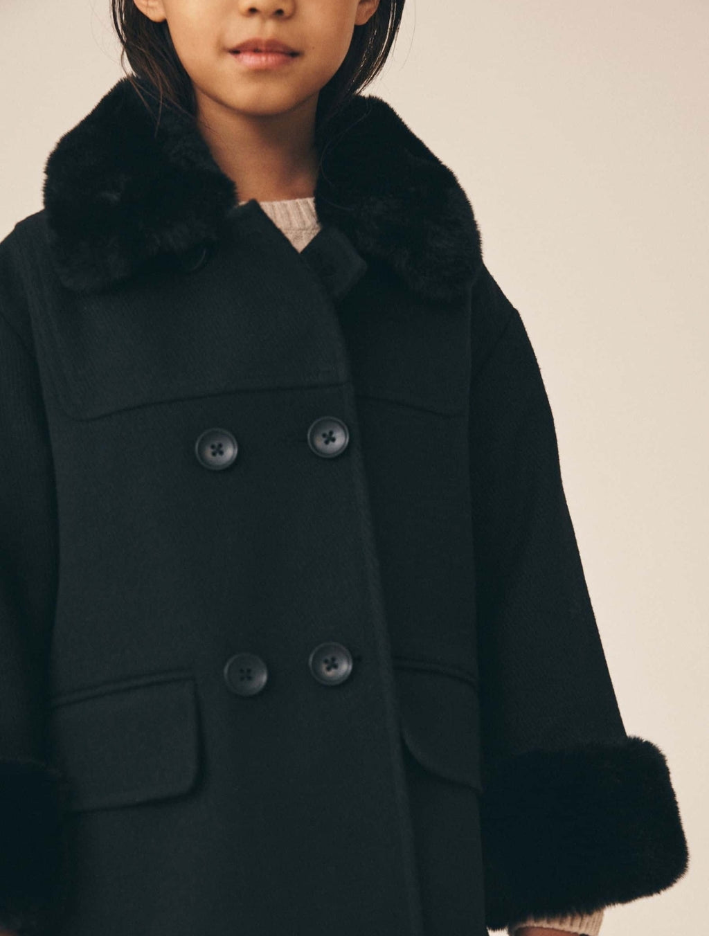 Black Faux Fur Trim Coat With Wool