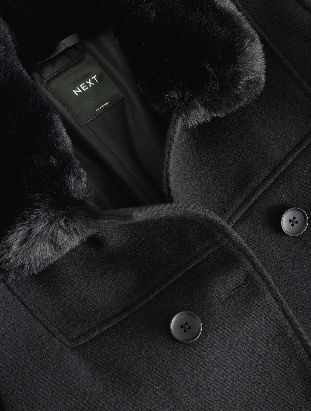 Black Faux Fur Trim Coat With Wool