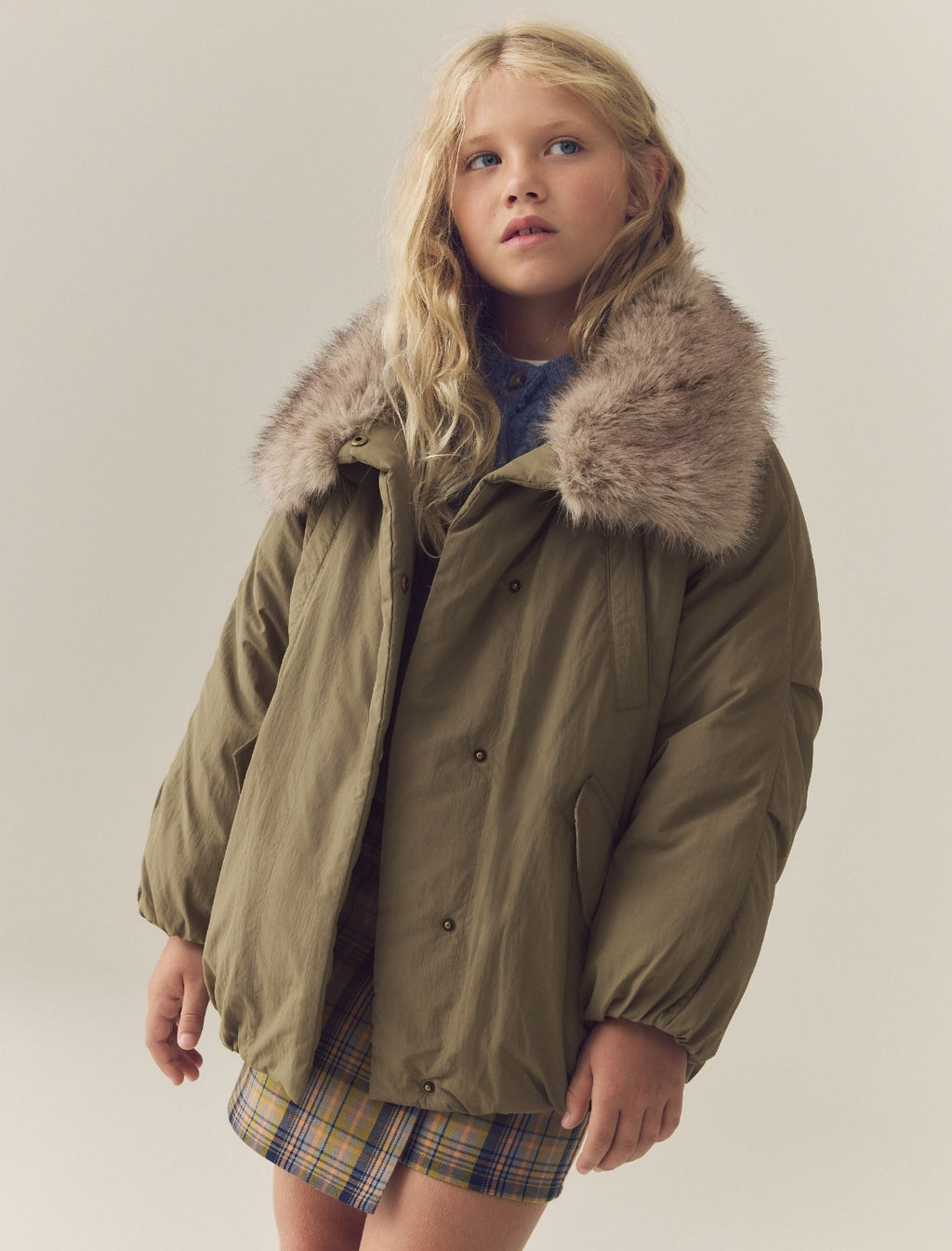 Khaki Green Shower Resistant Oversized Bomber Jacket with Faux Fur