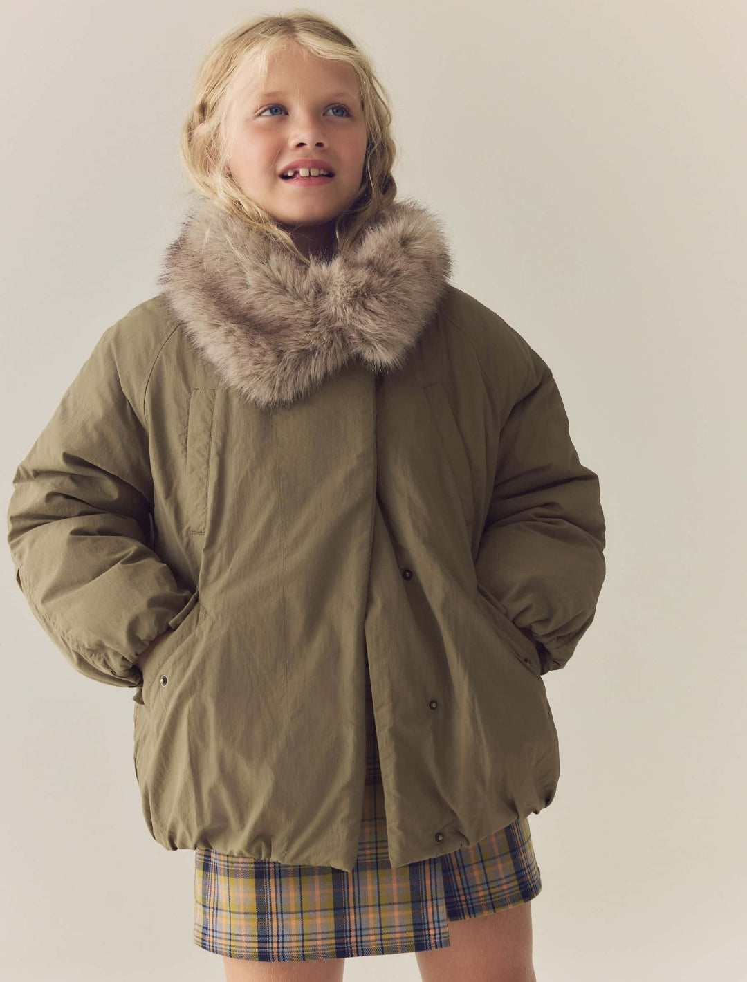 Khaki Green Shower Resistant Oversized Bomber Jacket with Faux Fur