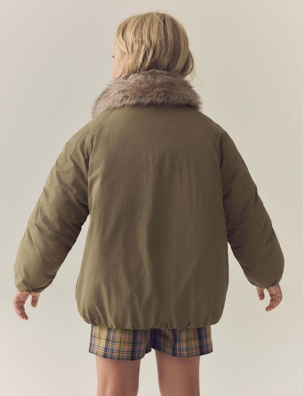 Khaki Green Shower Resistant Oversized Bomber Jacket with Faux Fur