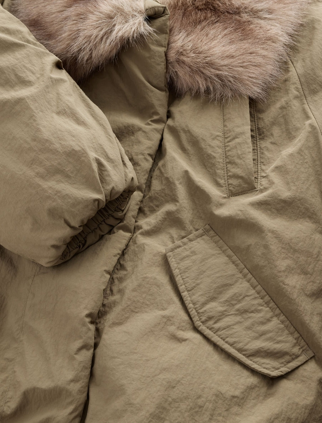 Khaki Green Shower Resistant Oversized Bomber Jacket with Faux Fur