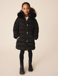 Black Shower Resistant Faux Fur Trim Padded Coat