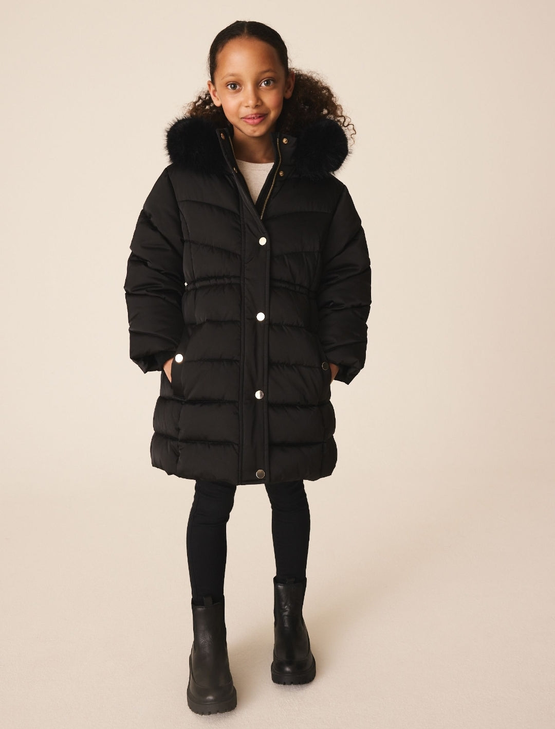 Black Shower Resistant Faux Fur Trim Padded Coat