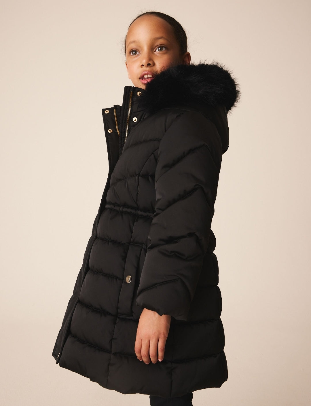 Black Shower Resistant Faux Fur Trim Padded Coat