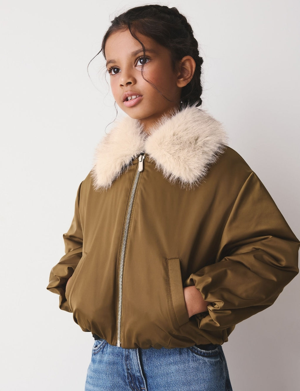 Olive Green Faux Fur Collar Satin Bomber Jacket