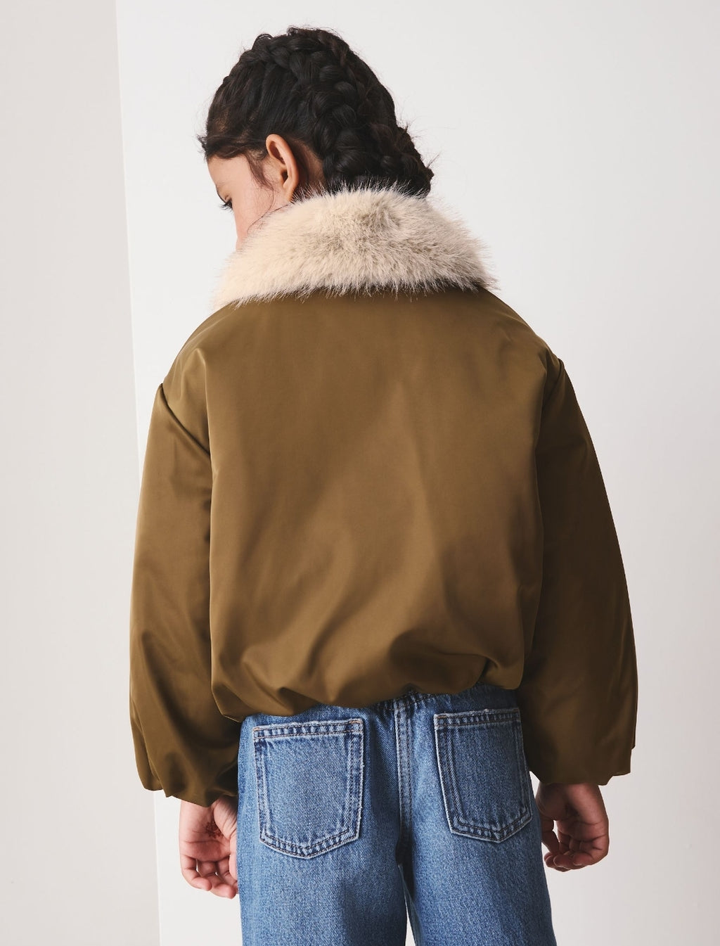 Olive Green Faux Fur Collar Satin Bomber Jacket