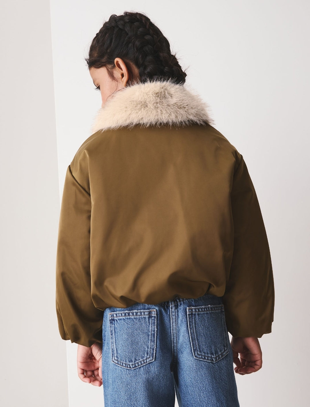 Olive Green Faux Fur Collar Satin Bomber Jacket