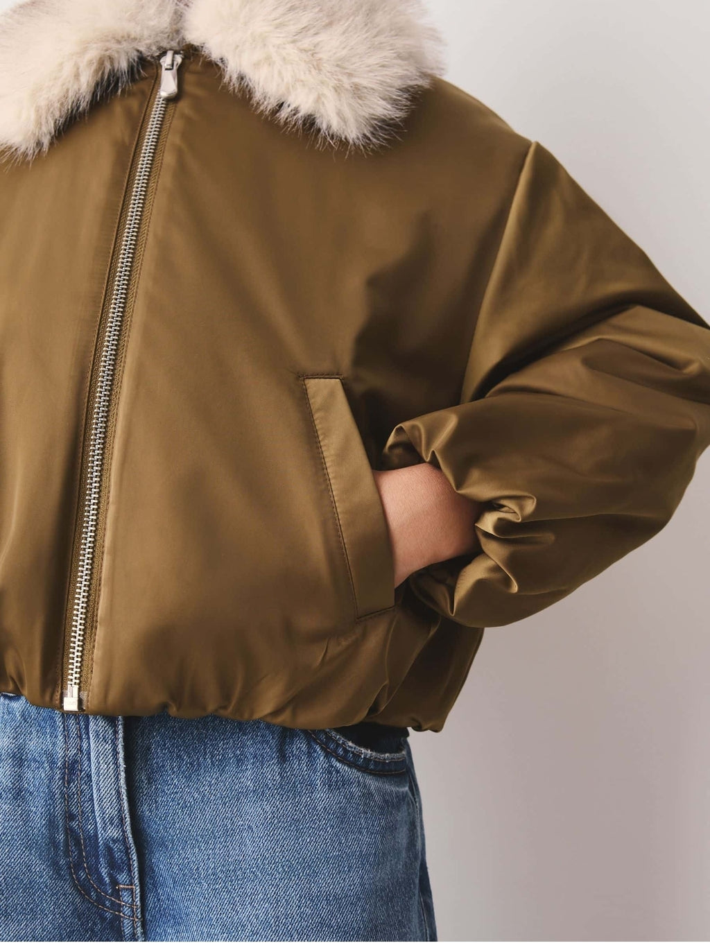 Olive Green Faux Fur Collar Satin Bomber Jacket