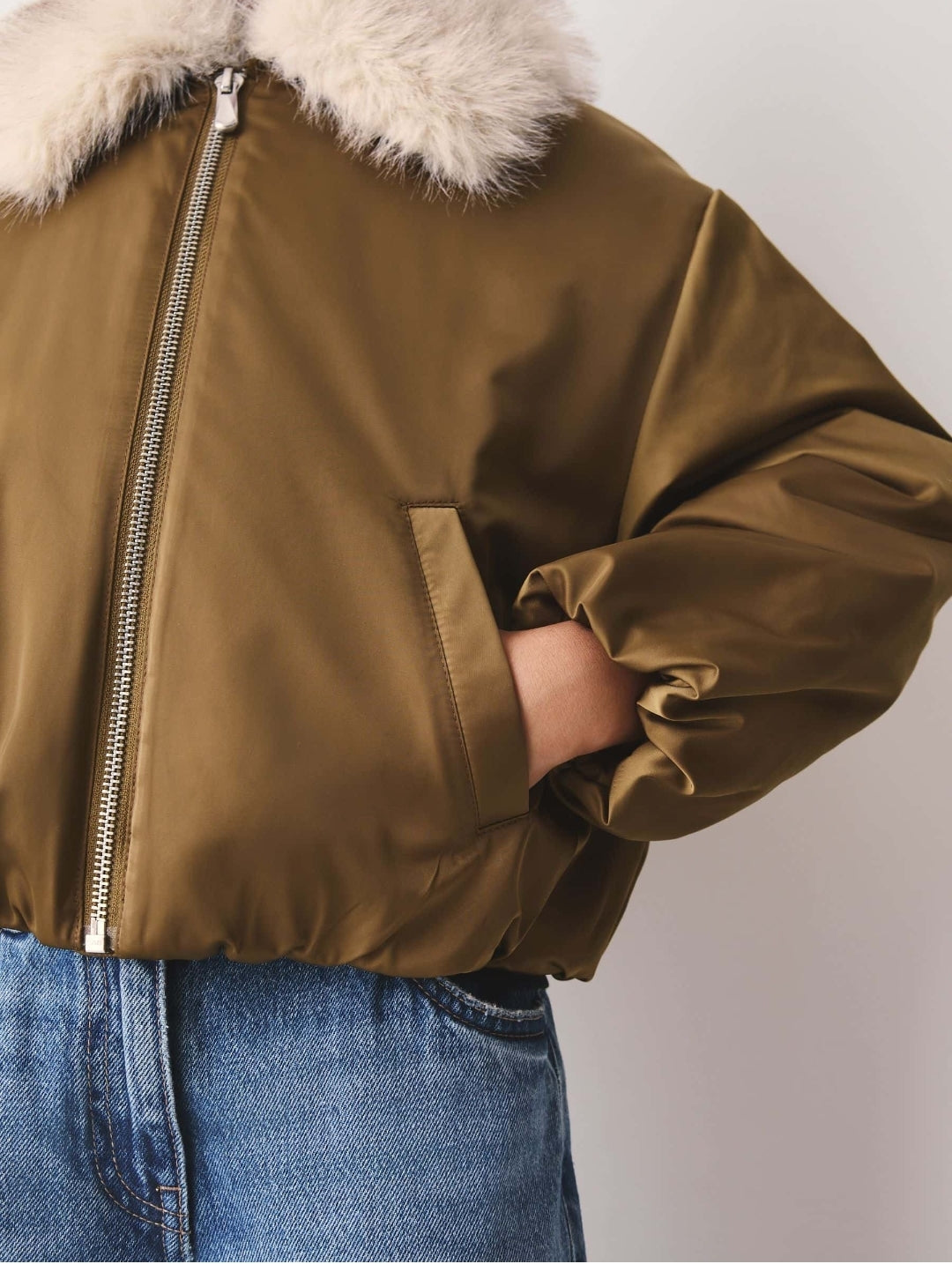 Olive Green Faux Fur Collar Satin Bomber Jacket