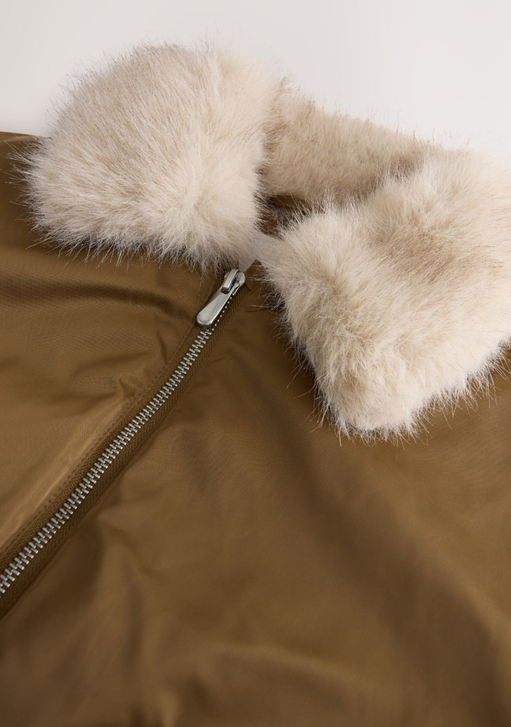 Olive Green Faux Fur Collar Satin Bomber Jacket