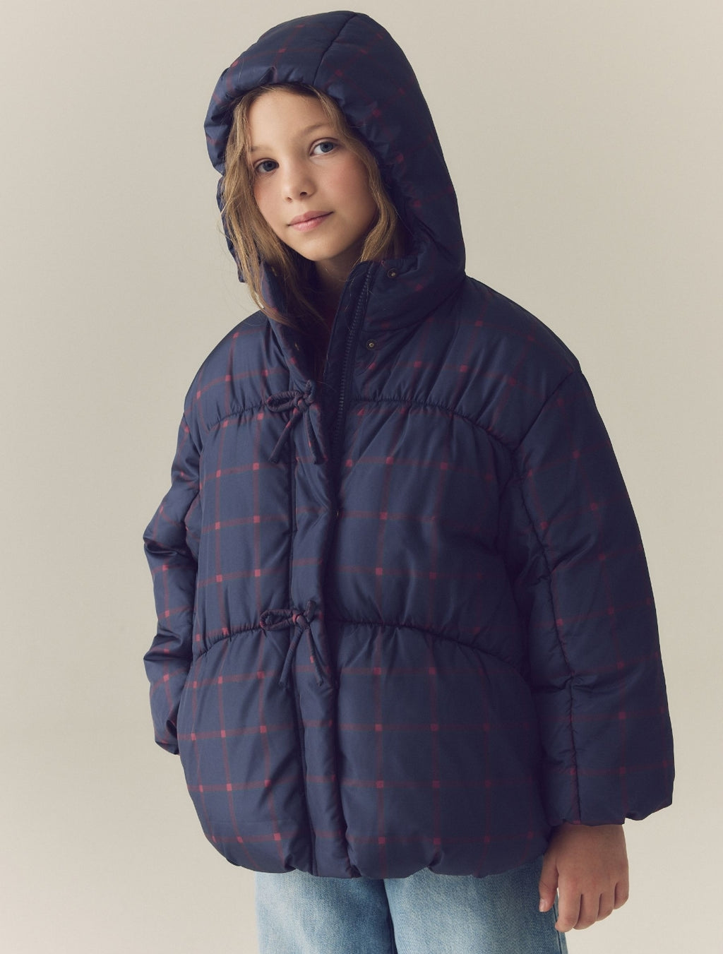 Navy Blue Check Shower Resistant Padded Coat