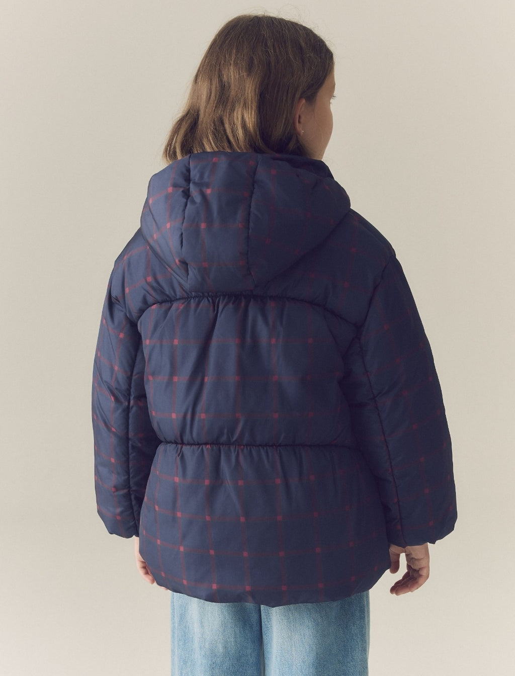 Navy Blue Check Shower Resistant Padded Coat