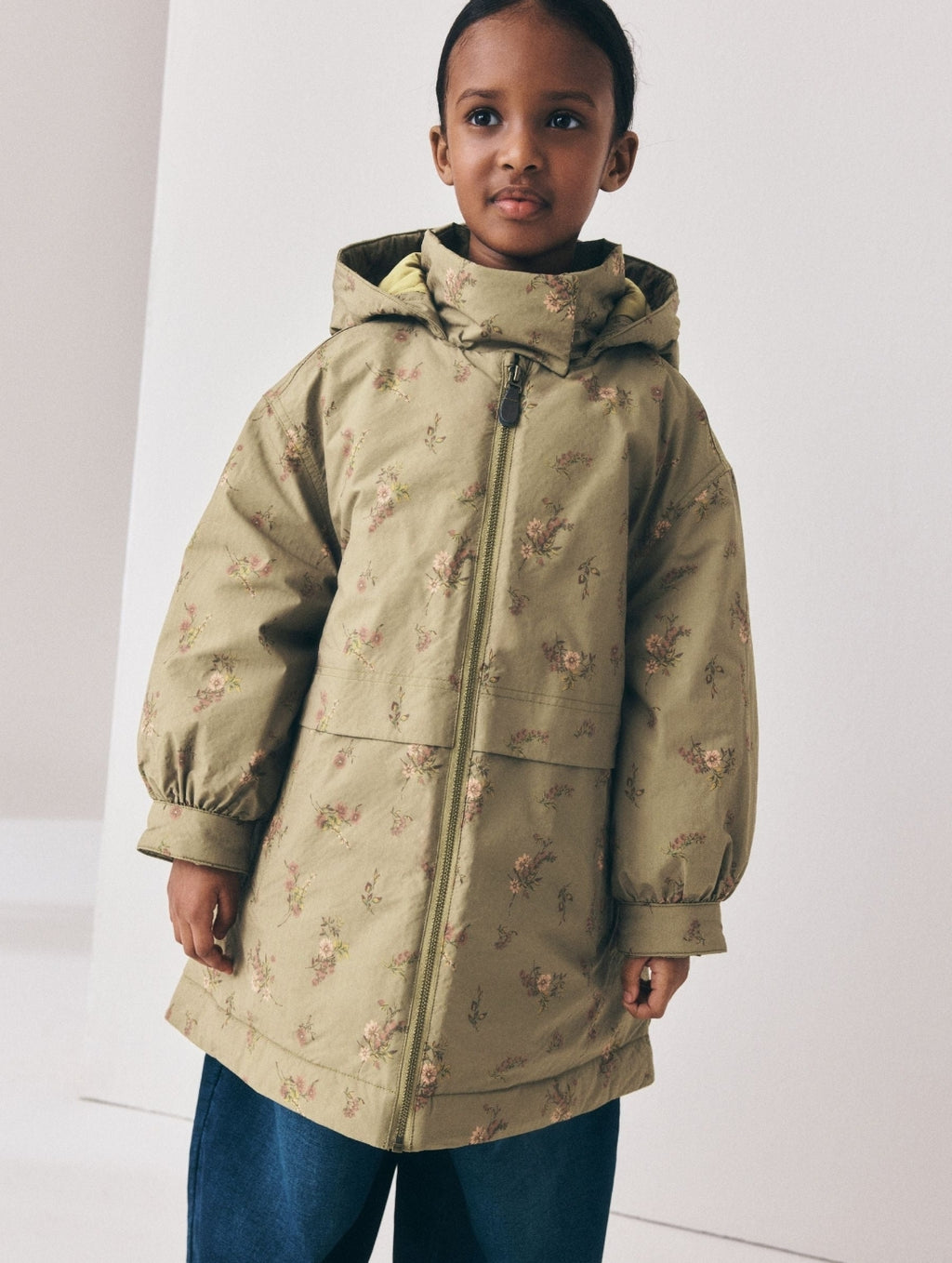 Khaki Green Floral Print Shower Resistant Parka Coat