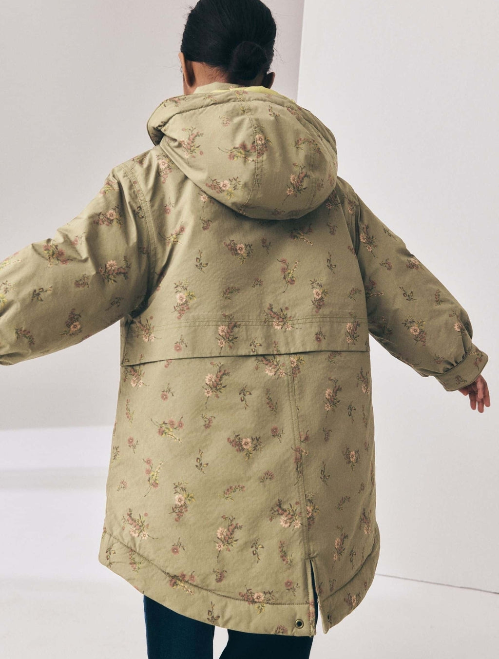 Khaki Green Floral Print Shower Resistant Parka Coat