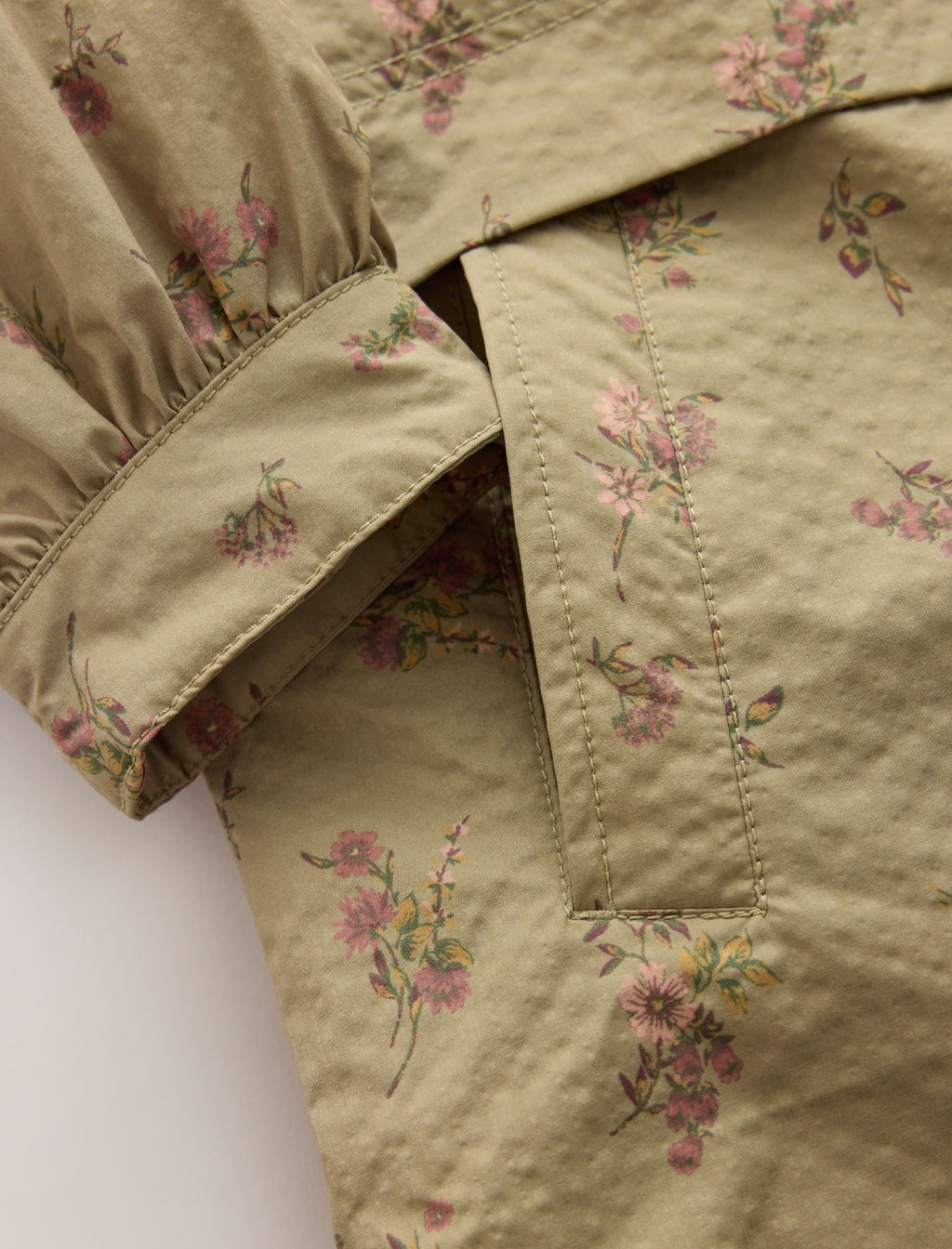 Khaki Green Floral Print Shower Resistant Parka Coat