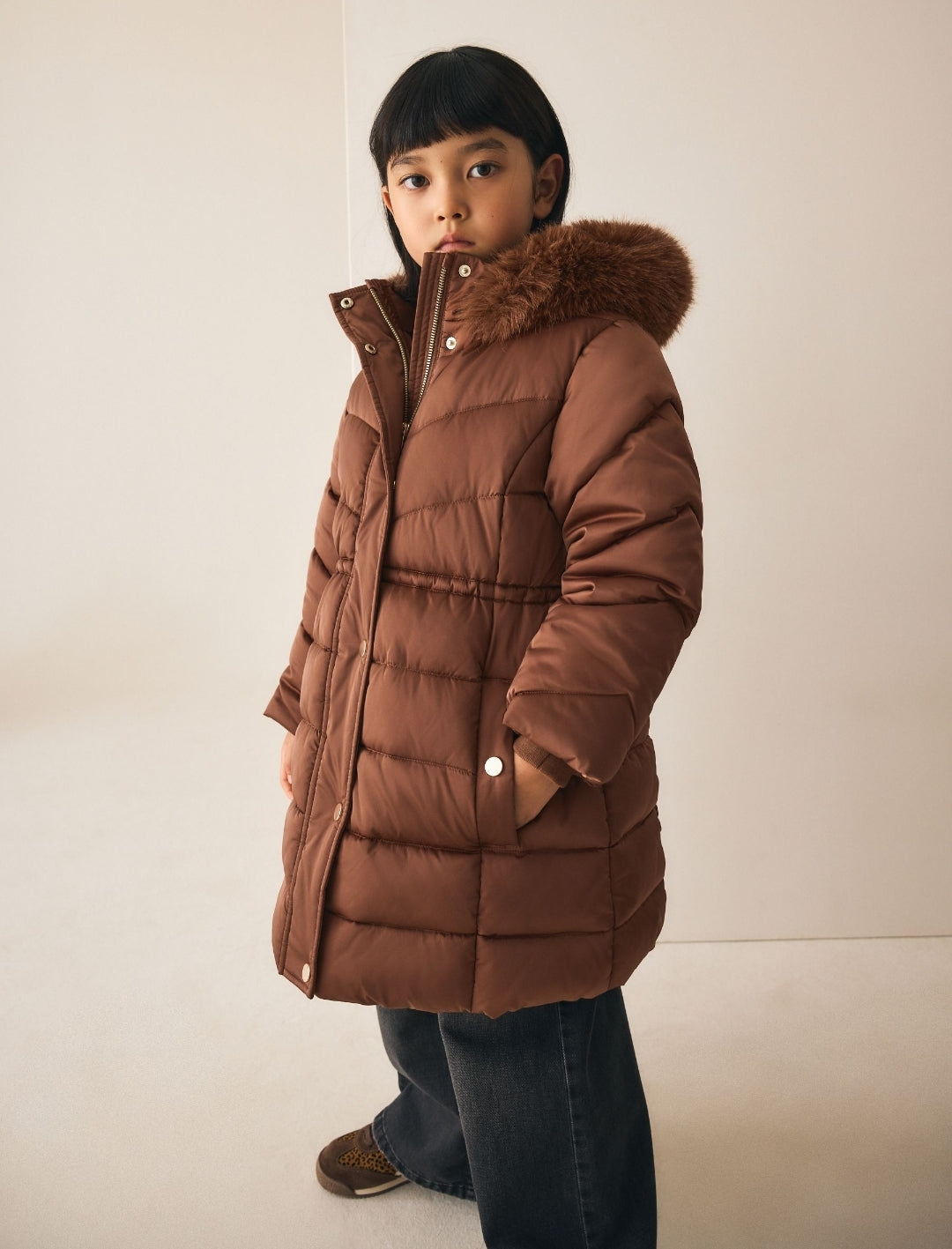Copper Shower Resistant Faux Fur Trim Padded Coat
