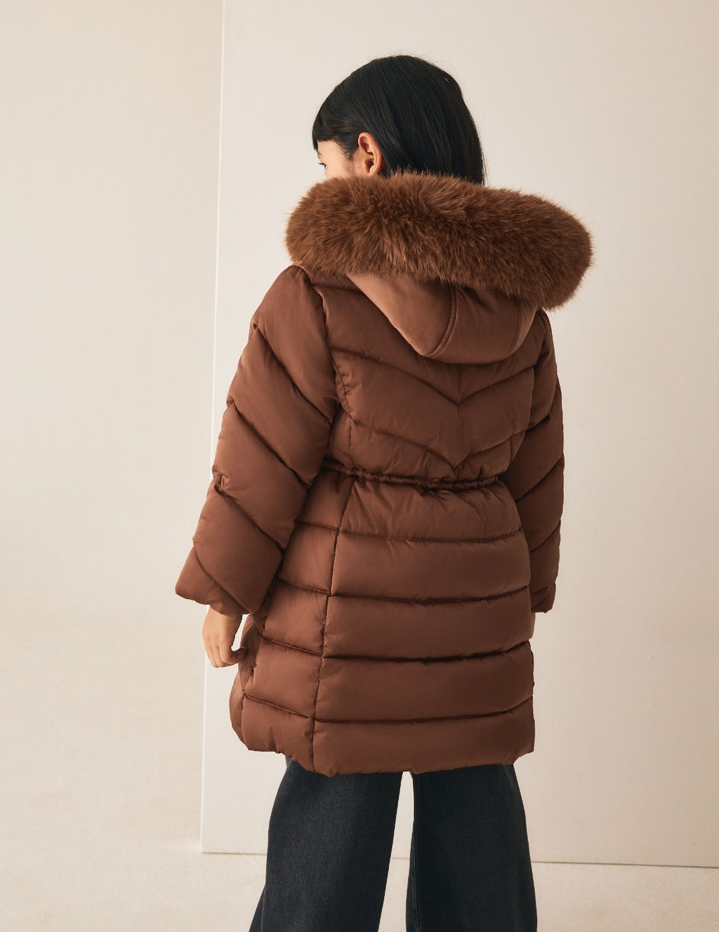 Copper Shower Resistant Faux Fur Trim Padded Coat