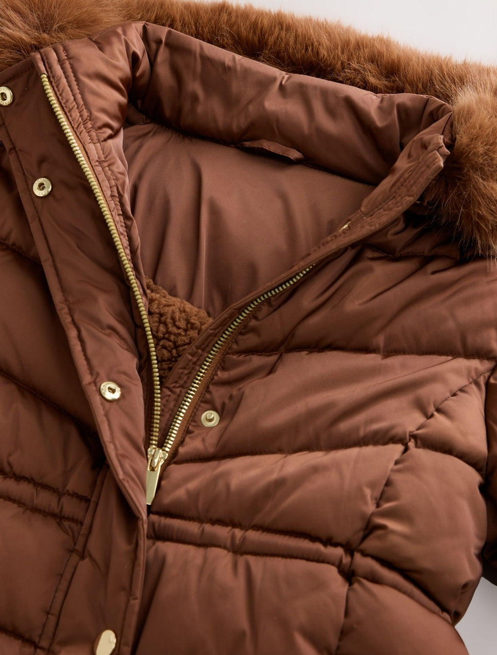 Copper Shower Resistant Faux Fur Trim Padded Coat
