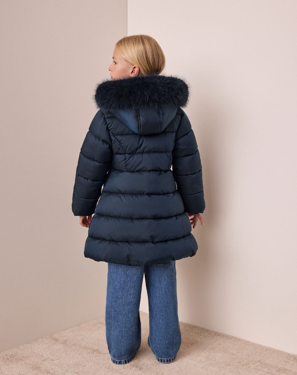 Navy Blue Bow Detail Shower Resistant Padded Coat