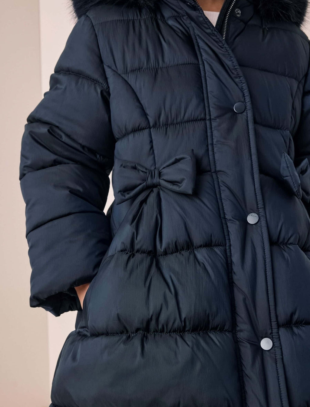 Navy Blue Bow Detail Shower Resistant Padded Coat