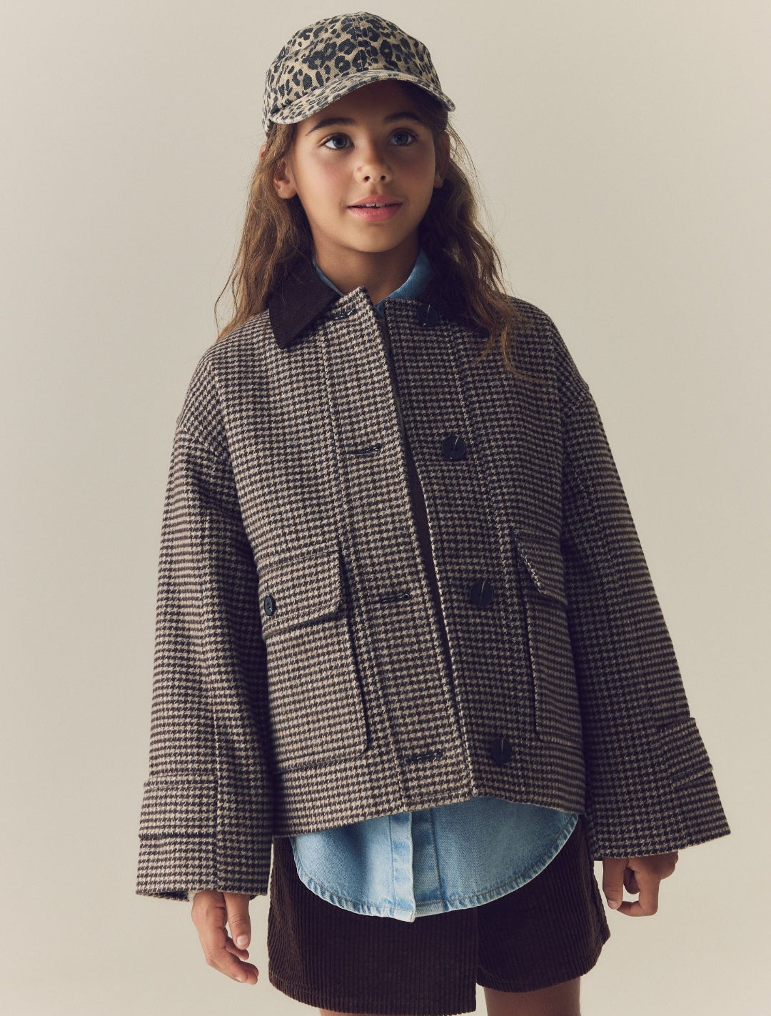 Brown Check Short Jacket With Wool