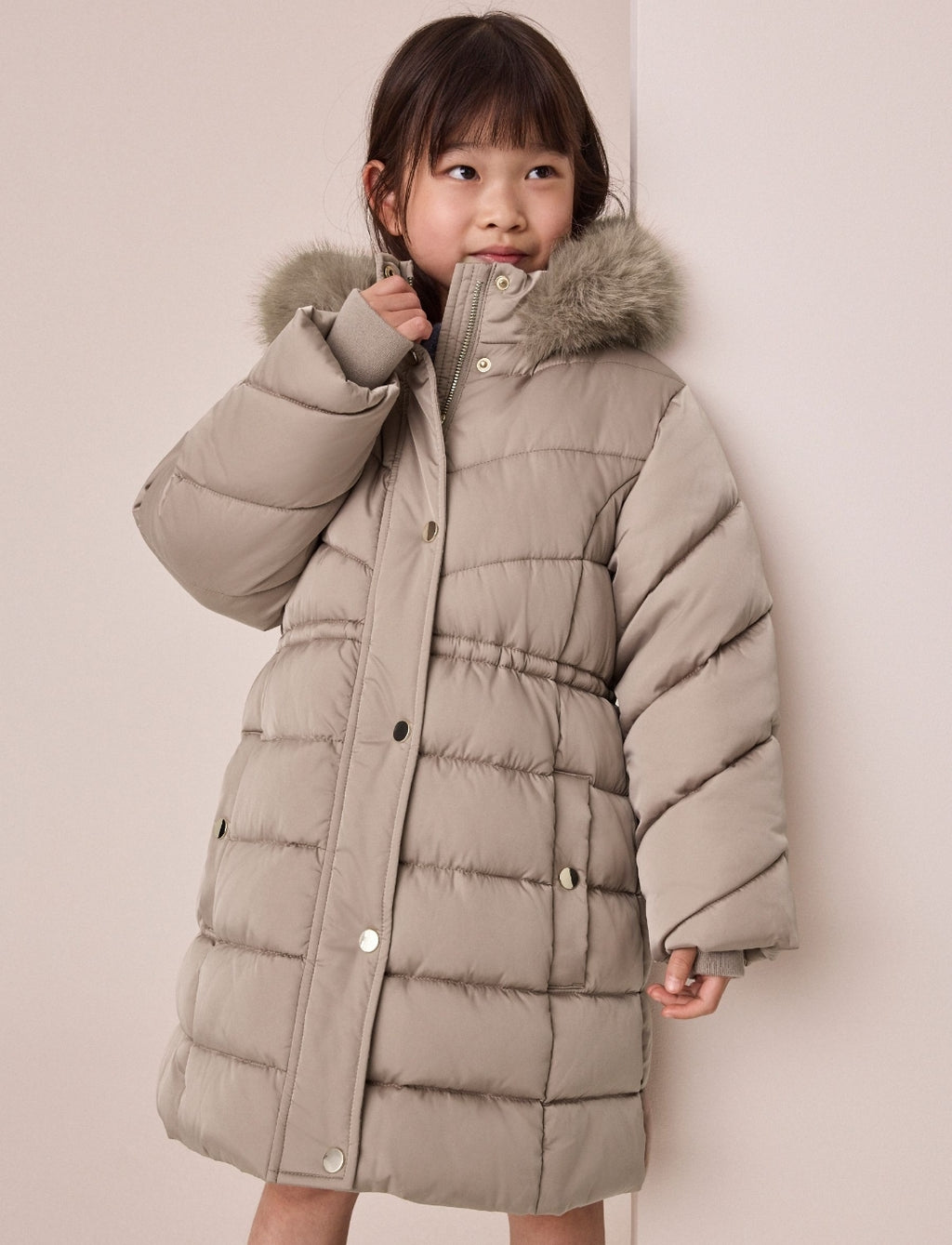 Taupe Shower Resistant Faux Fur Trim Padded Coat
