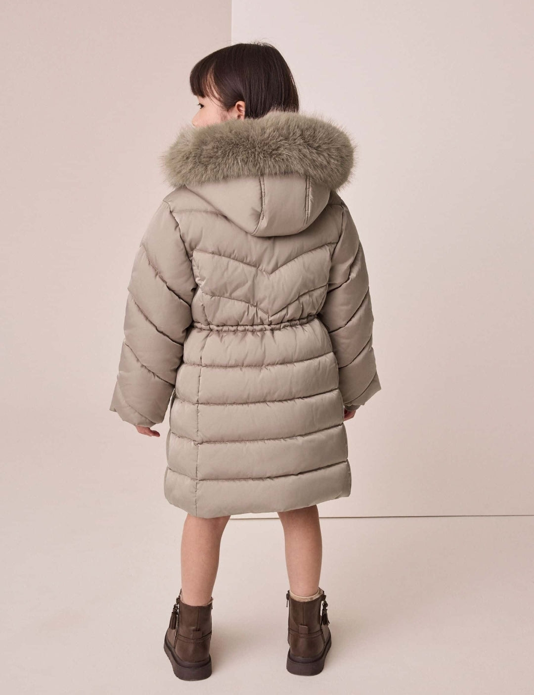 Taupe Shower Resistant Faux Fur Trim Padded Coat