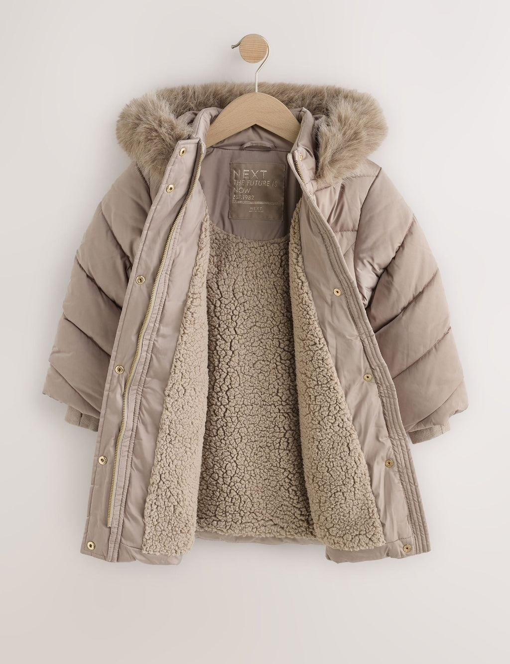 Taupe Shower Resistant Faux Fur Trim Padded Coat