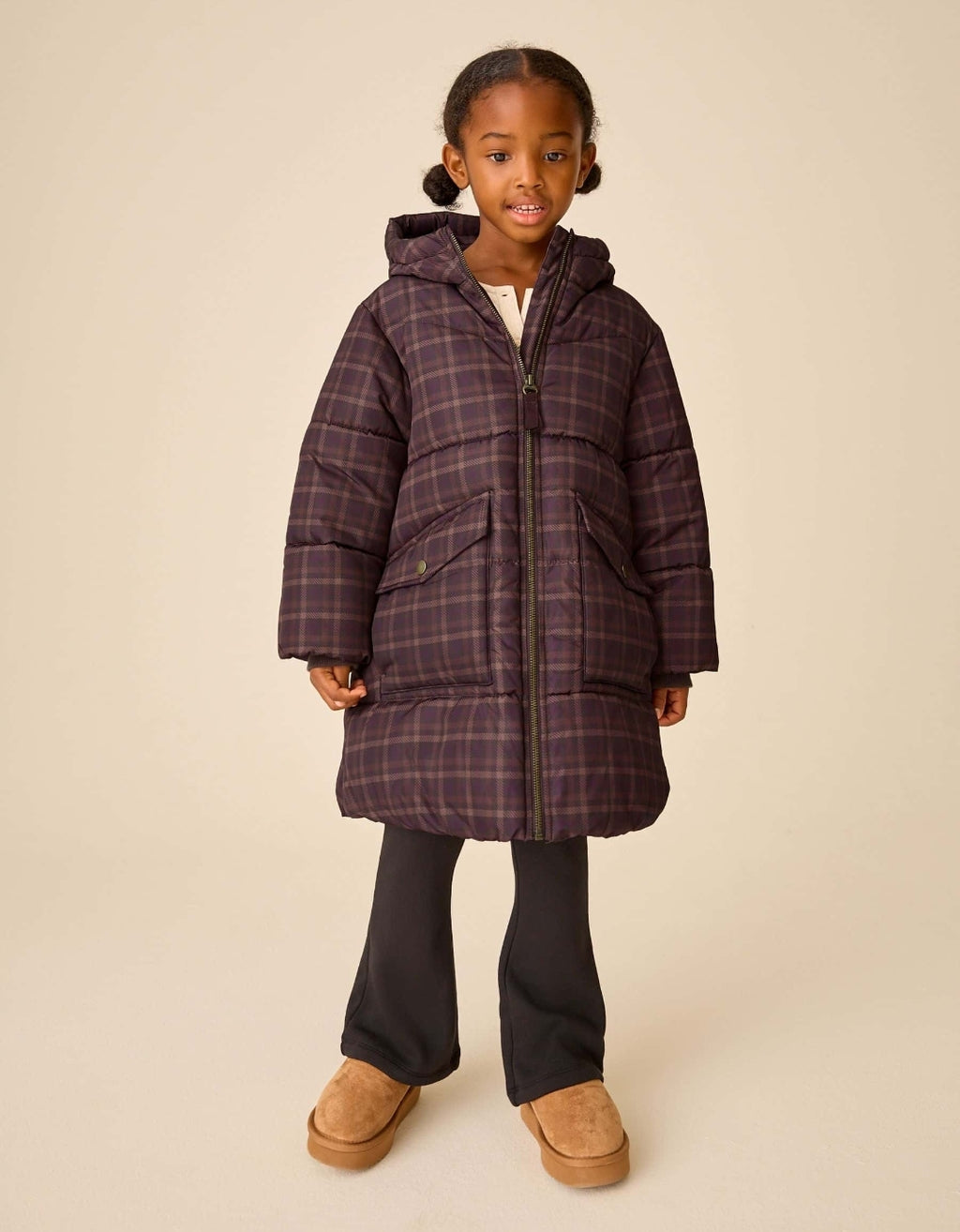 Check Shower Resistant Faux Fur Lined Padded Coat