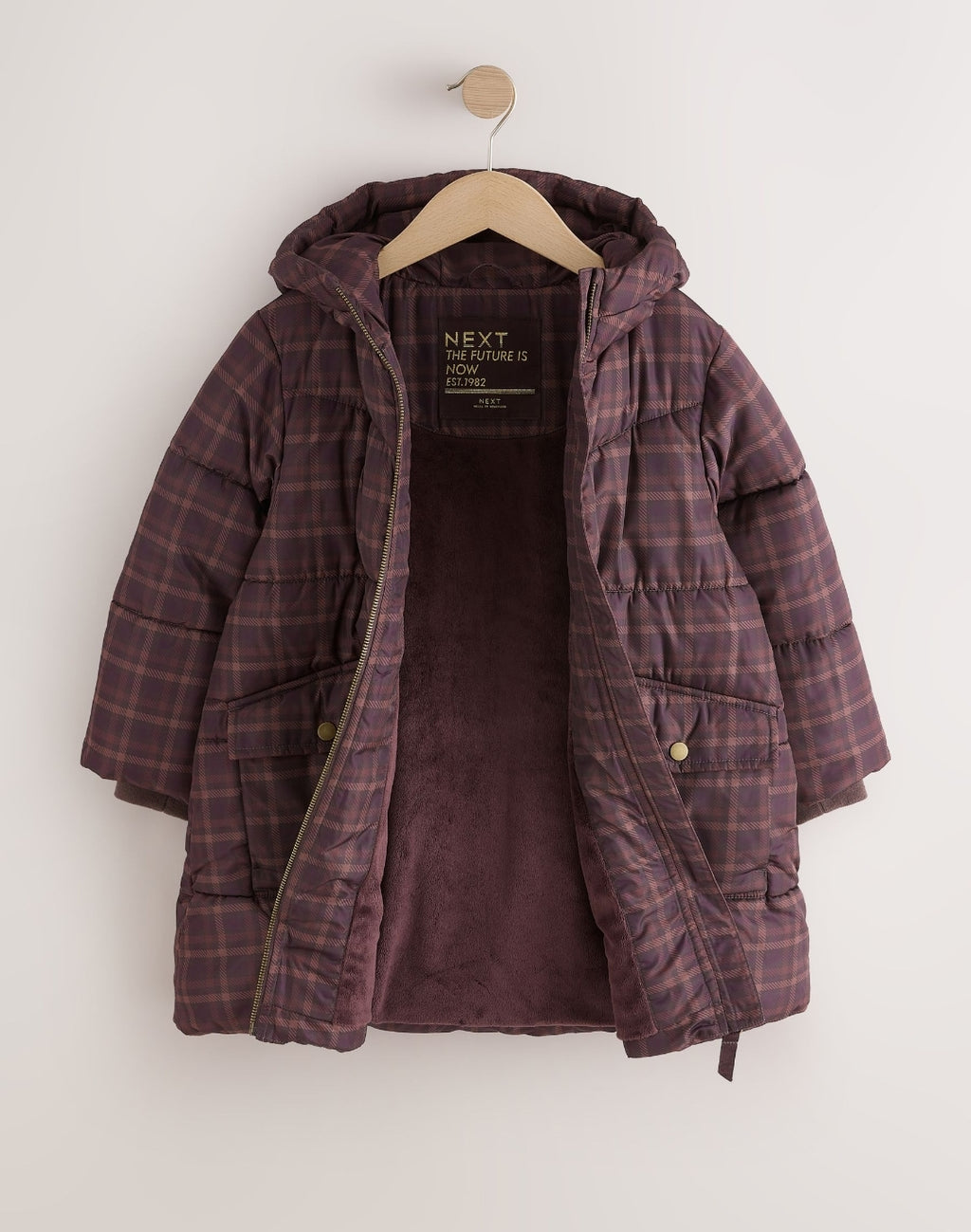 Check Shower Resistant Faux Fur Lined Padded Coat