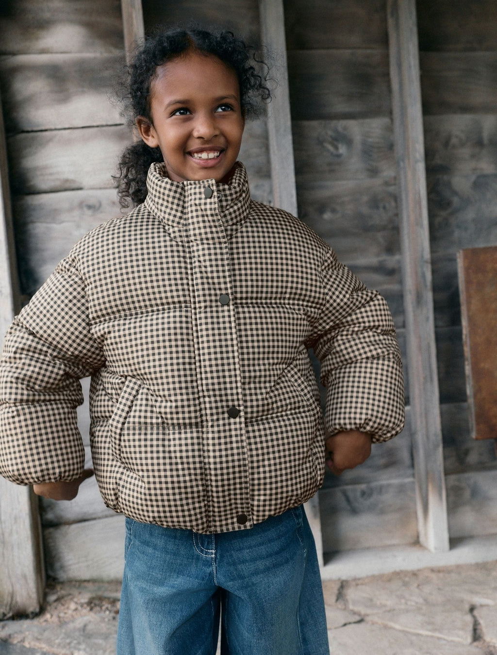 Neutral Check Shower Resistant Padded Coat With Removable Scarf