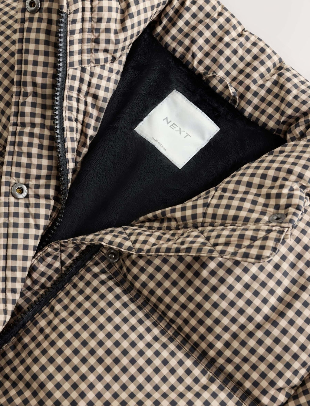 Neutral Check Shower Resistant Padded Coat With Removable Scarf