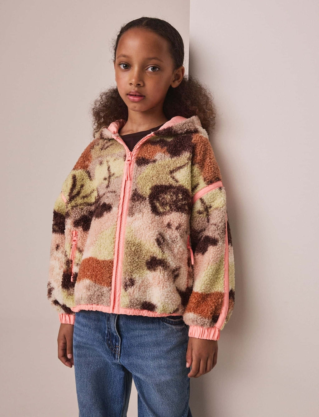 Neutral/Pink Camo Zip up Hooded Borg Jacket