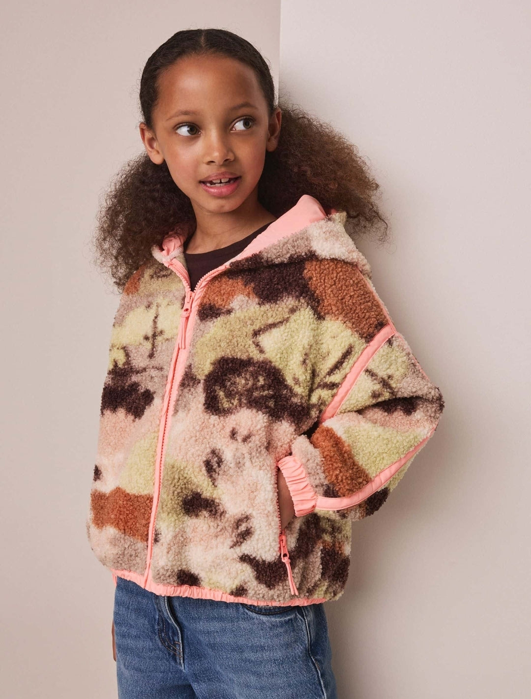 Neutral/Pink Camo Zip up Hooded Borg Jacket