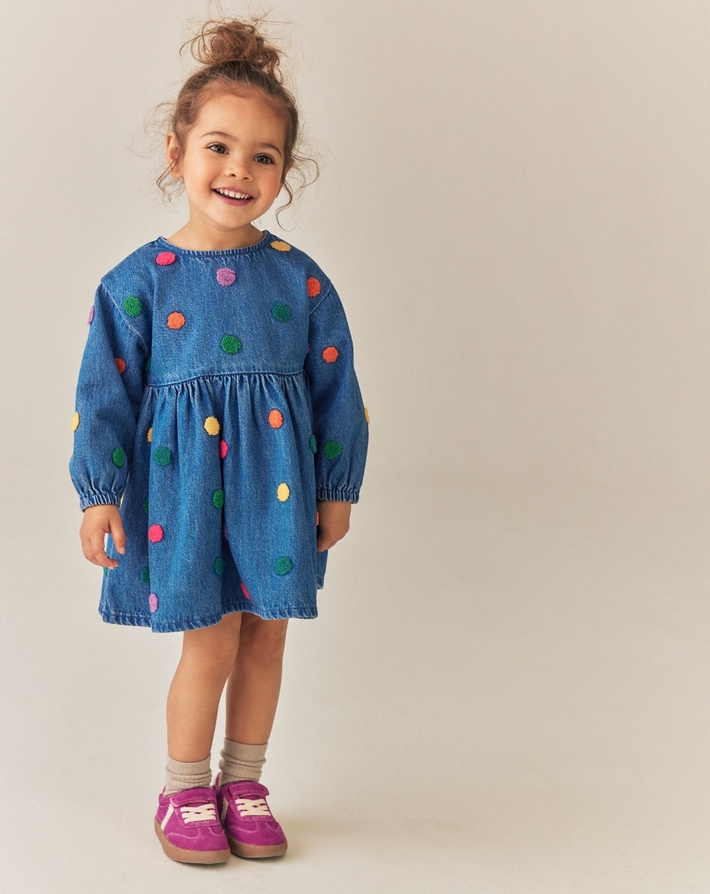 Blue Denim Long Sleeve Boucle Spot Dress