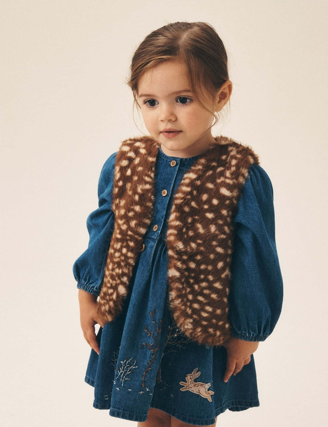 Blue Faux Fur Gillet and Denim Embroidered Dress