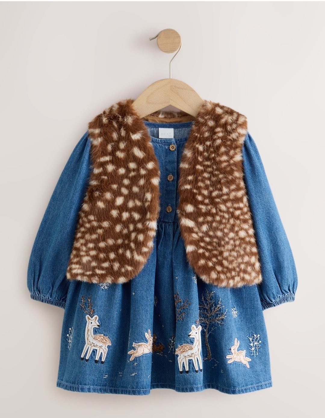 Blue Faux Fur Gillet and Denim Embroidered Dress