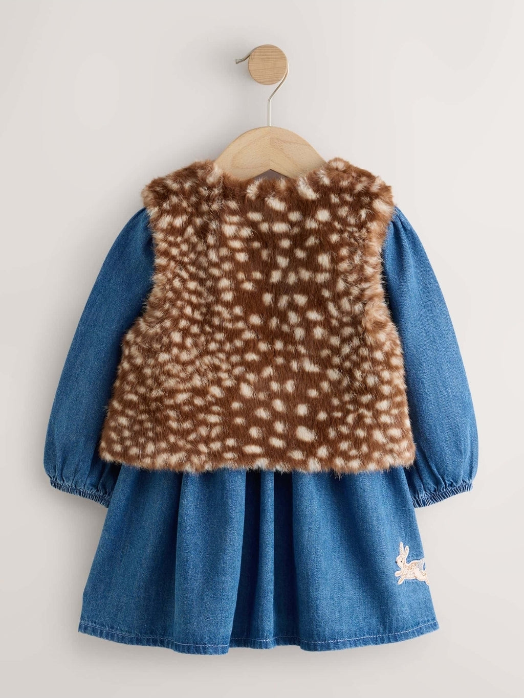 Blue Faux Fur Gillet and Denim Embroidered Dress
